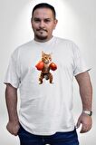 Boks Yapan Kedi Beyaz Büyük Beden Kadın Erkek Ünisex  Basic Ön Baskılı Tişört