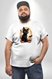 Cadılar Bayramı Kedi Beyaz Büyük Beden Kadın Erkek Ünisex  Basic Ön Baskılı Tişört