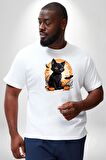 Cadılar Bayramı Kedi Beyaz Büyük Beden Kadın Erkek Ünisex  Basic Ön Baskılı Tişört