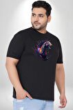 Renkli At Koşu  Siyah Büyük Beden Erkek Kadın Unisex Basic Ön Baskılı Tişört