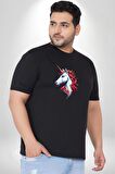 Unicorn Tek Boynuzlu At Siyah Büyük Beden Erkek Kadın Unisex Basic Ön Baskılı Tişört