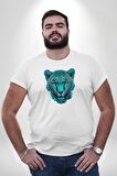 Yeşil Leopar Kafası Beyaz Büyük Beden Kadın Erkek Ünisex  Basic Ön Baskılı Tişört
