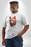 Hayvan Kedi Sanat Potre Beyaz Büyük Beden Kadın Erkek Ünisex  Basic Ön Baskılı Tişört