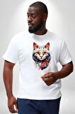 Renki Kedi Sarı Gözlü Tekir Beyaz Büyük Beden Kadın Erkek Ünisex  Basic Ön Baskılı Tişört