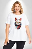 Renki Kedi Sarı Gözlü Tekir Beyaz Büyük Beden Kadın Erkek Ünisex  Basic Ön Baskılı Tişört