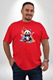 Renkli Yavru Panda  Kırmızı Büyük Beden Erkek Kadın Unisex Basic Ön Baskılı Tişört