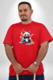 Renkli Yavru Panda  Kırmızı Büyük Beden Erkek Kadın Unisex Basic Ön Baskılı Tişört