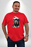 Yeni Yıl Noel Rottweiler Kırmızı Büyük Beden Erkek Kadın Unisex Basic Ön Baskılı Tişört
