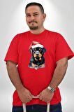 Yeni Yıl Noel Rottweiler Kırmızı Büyük Beden Erkek Kadın Unisex Basic Ön Baskılı Tişört