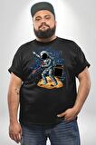 Gitar Astronot Müzik Uzay Siyah Büyük Beden Erkek Kadın Unisex Basic Ön Baskılı Tişört