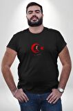 Ay Yıldız Kırmızı Kemal Atatürk İmza Siyah Büyük Beden Erkek Kadın Unisex Basic Ön Baskılı Tişört