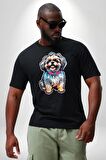 Shih Tzu Renkli Köpek Siyah Büyük Beden Erkek Kadın Unisex Basic Ön Baskılı Tişört