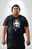 Kulaklık Ayı Panda Siyah Büyük Beden Erkek Kadın Unisex Basic Ön Baskılı Tişört