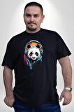Kulaklık Ayı Panda Siyah Büyük Beden Erkek Kadın Unisex Basic Ön Baskılı Tişört