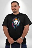 Kulaklık Ayı Panda Siyah Büyük Beden Erkek Kadın Unisex Basic Ön Baskılı Tişört