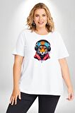 Kulaklık Kedi Leopar Bandana Beyaz Büyük Beden Kadın Erkek Ünisex  Basic Ön Baskılı Tişört