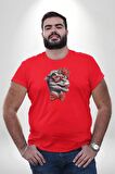 Kırmızı Gözlük Papyon Dinazor  Kırmızı Büyük Beden Erkek Kadın Unisex Basic Ön Baskılı Tişört
