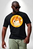 Doge Coin Siyah Büyük Beden Erkek Kadın Unisex Basic Ön Baskılı Tişört