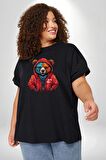 Kırmızı Hoodie Ayı  Siyah Büyük Beden Erkek Kadın Unisex Basic Ön Baskılı Tişört