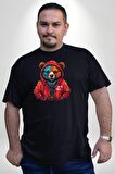 Kırmızı Hoodie Ayı  Siyah Büyük Beden Erkek Kadın Unisex Basic Ön Baskılı Tişört