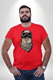 Kasket Bandana Motorcu Kedi Kırmızı Büyük Beden Erkek Kadın Unisex Basic Ön Baskılı Tişört