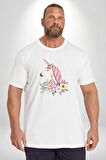 Unicorn Çiçek  Beyaz Büyük Beden Kadın Erkek Ünisex  Basic Ön Baskılı Tişört
