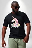 Unicorn Çiçek  Siyah Büyük Beden Erkek Kadın Unisex Basic Ön Baskılı Tişört