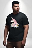 Unicorn Çiçek  Siyah Büyük Beden Erkek Kadın Unisex Basic Ön Baskılı Tişört