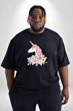 Unicorn Çiçek  Siyah Büyük Beden Erkek Kadın Unisex Basic Ön Baskılı Tişört