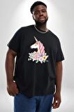 Unicorn Çiçek  Siyah Büyük Beden Erkek Kadın Unisex Basic Ön Baskılı Tişört