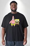 Patric ve Sünger Bob Siyah Büyük Beden Erkek Kadın Unisex Basic Ön Baskılı Tişört