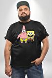 Patric ve Sünger Bob Siyah Büyük Beden Erkek Kadın Unisex Basic Ön Baskılı Tişört