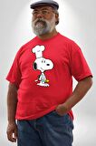 Snoopy Yemek Aşcı Kırmızı Büyük Beden Erkek Kadın Unisex Basic Ön Baskılı Tişört