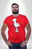 Snoopy Yemek Aşcı Kırmızı Büyük Beden Erkek Kadın Unisex Basic Ön Baskılı Tişört
