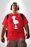 Snoopy Yemek Aşcı Kırmızı Büyük Beden Erkek Kadın Unisex Basic Ön Baskılı Tişört