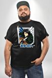 Anime Levi Ackerman Beyaz Ve Siyah Kanatlar Siyah Büyük Beden Erkek Kadın Unisex Basic Ön Baskılı Tişört
