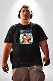 OP Manga Anime Monkey D.Luffy Siyah Büyük Beden Erkek Kadın Unisex Basic Ön Baskılı Tişört