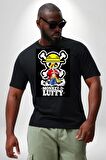 Monkey D. Luffy Japon Anime Siyah Büyük Beden Erkek Kadın Unisex Basic Ön Baskılı Tişört