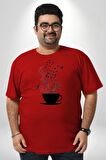 Kahve Müzik Nota Kırmızı Büyük Beden Erkek Kadın Unisex Basic Ön Baskılı Tişört