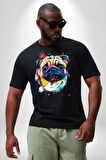 Sulu Boya Pug Köpek Siyah Büyük Beden Erkek Kadın Unisex Basic Ön Baskılı Tişört