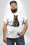British Shorthair Kedi  Beyaz Büyük Beden Kadın Erkek Ünisex  Basic Ön Baskılı Tişört