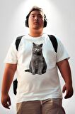 British Shorthair Kedi  Beyaz Büyük Beden Kadın Erkek Ünisex  Basic Ön Baskılı Tişört