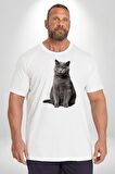 British Shorthair Kedi  Beyaz Büyük Beden Kadın Erkek Ünisex  Basic Ön Baskılı Tişört