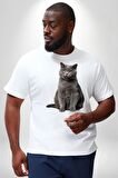 British Shorthair Kedi  Beyaz Büyük Beden Kadın Erkek Ünisex  Basic Ön Baskılı Tişört