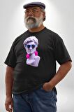 Kulaklık Gözlük Pop Art Heykel Siyah Büyük Beden Erkek Kadın Unisex Basic Ön Baskılı Tişört