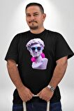 Kulaklık Gözlük Pop Art Heykel Siyah Büyük Beden Erkek Kadın Unisex Basic Ön Baskılı Tişört