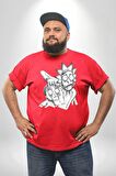 Rick and Morty Karakalem Çalışması Kırmızı Büyük Beden Erkek Kadın Unisex Basic Ön Baskılı Tişört