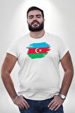 Azerbeycan Bayrağı Beyaz Büyük Beden Kadın Erkek Ünisex  Basic Ön Baskılı Tişört