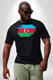 Azerbeycan Bayrağı Siyah Büyük Beden Erkek Kadın Unisex Basic Ön Baskılı Tişört