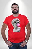 Gözlüklü David'in Kafasının Alçı Heykeli Kırmızı Büyük Beden Erkek Kadın Unisex Basic Ön Baskılı Tişört